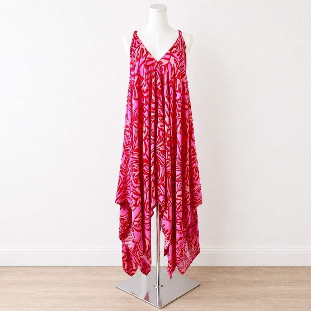 Psychedelic Hawaiian Asymmetric Swim Cover Up Dress Vivid Pink Boho Tiki One Sz